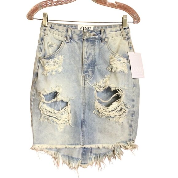 One Teaspoon Wilde Denim Distressed Frayed High-Waisted Skirt Size 25 NWT - Picture 1 of 9